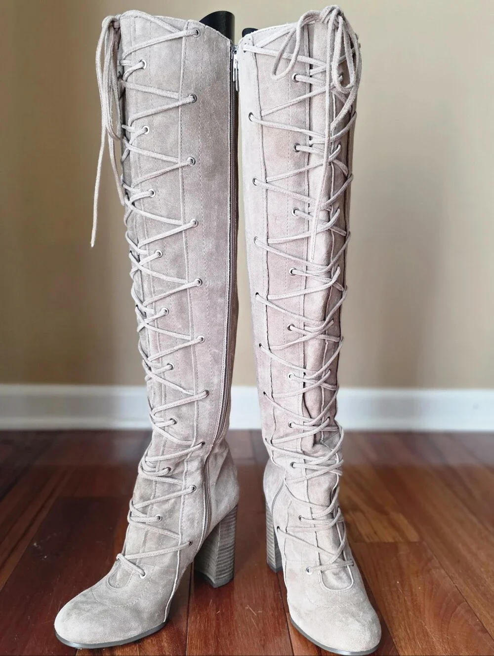 Vince‎ Camuto Thanta Over The Knee Lace Up Suede Boots Tan Taupe Size 8M / EU 38